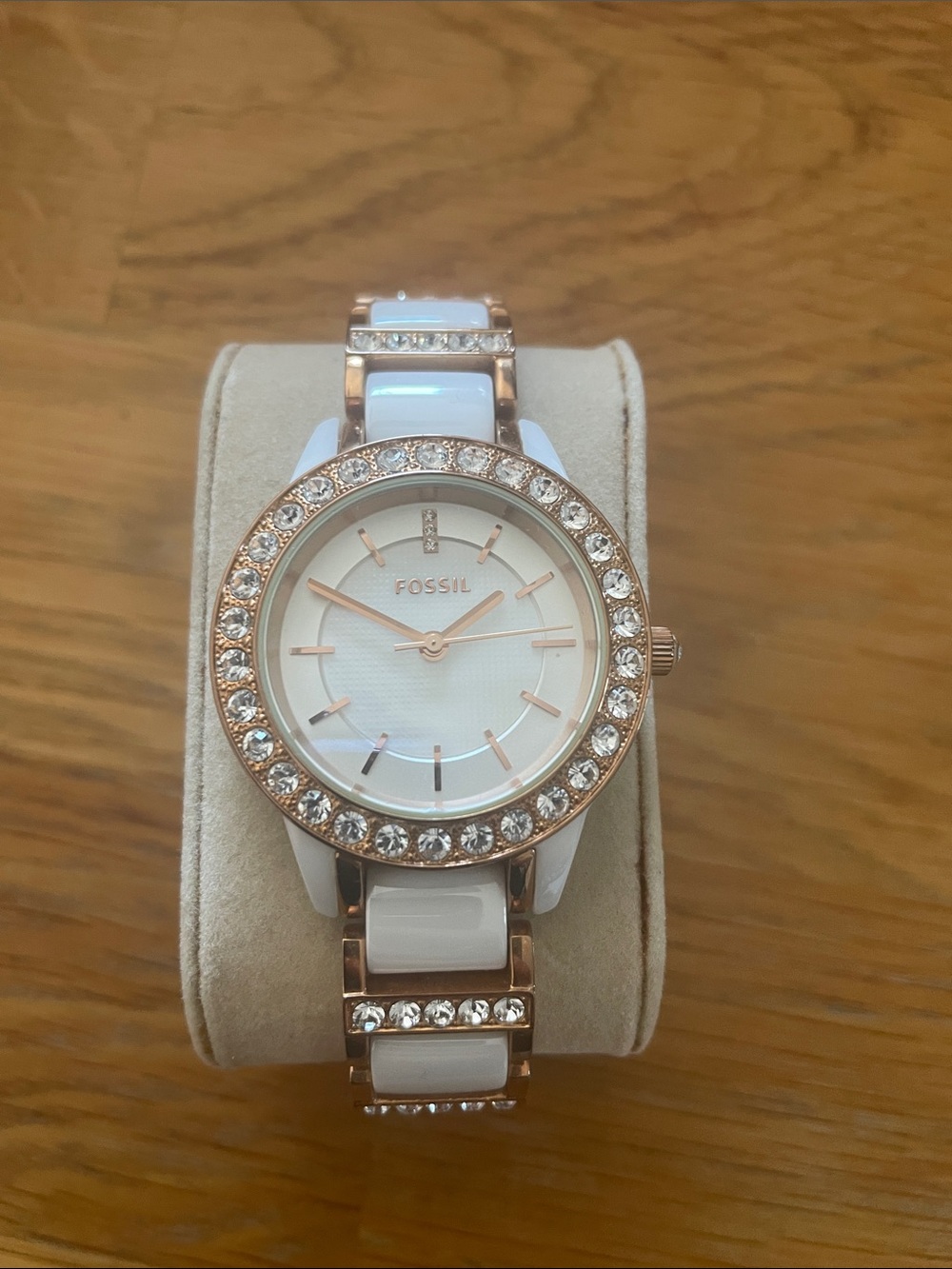Fossil Women's White and Rose Gold Crystal-Trim Ceramic Watch